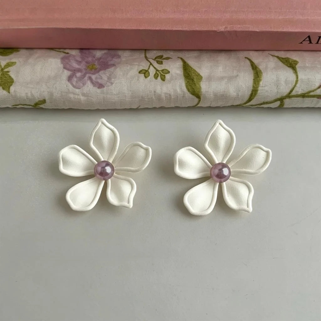 Resort Style Statement Enamel Big Flower Pearl Copper Drop Earrings For Women