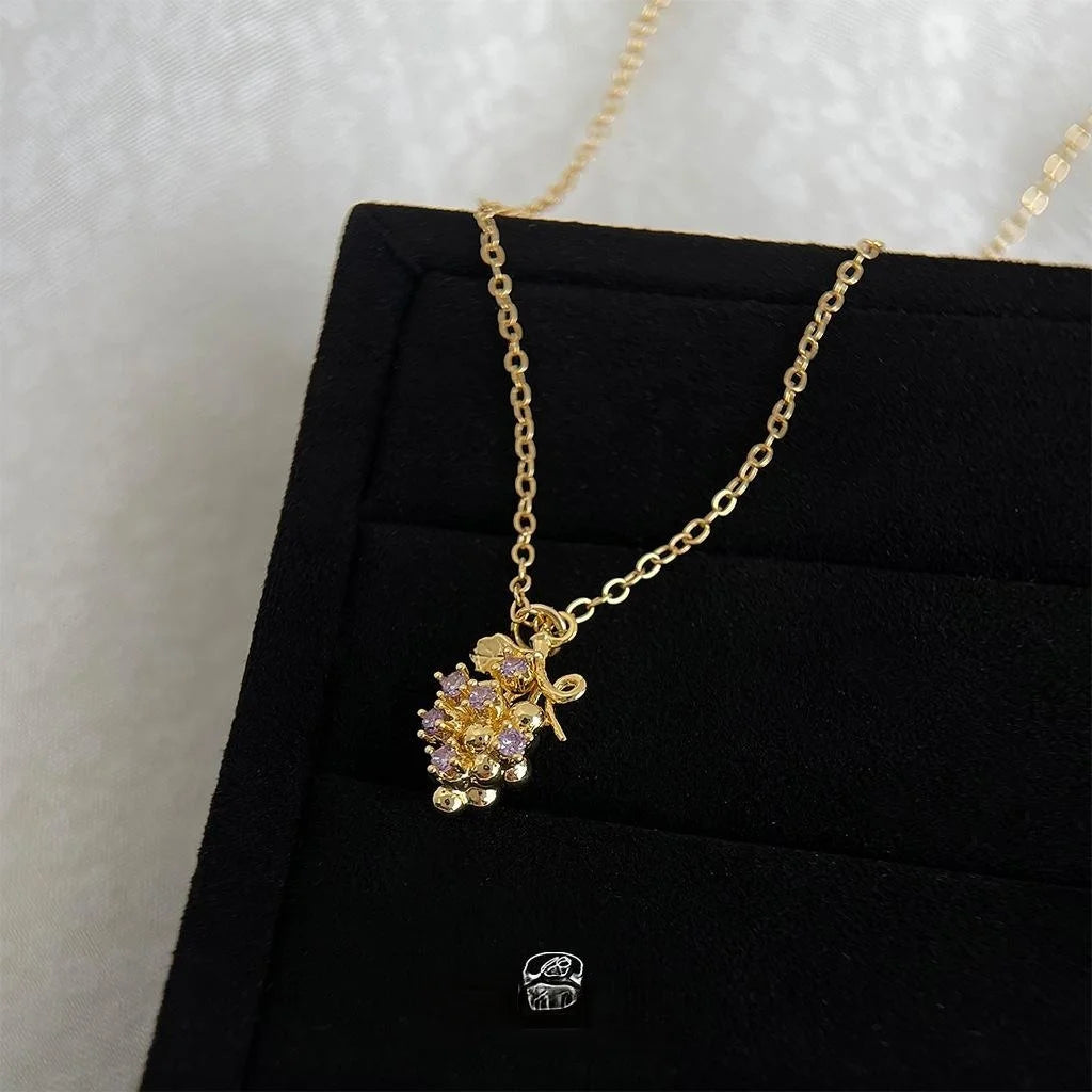 18K Gold Plated Copper Purple Grape Zircon Fruit Pendant Necklace Light Luxury Clavicle Chain