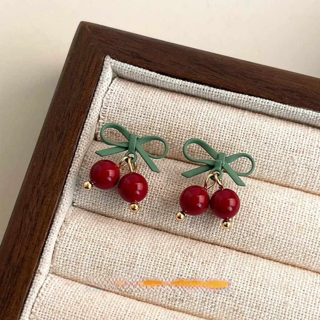 Sweet Handmade Glass Cherry Bell Drop Earrings Christmas Fruit Jewelry