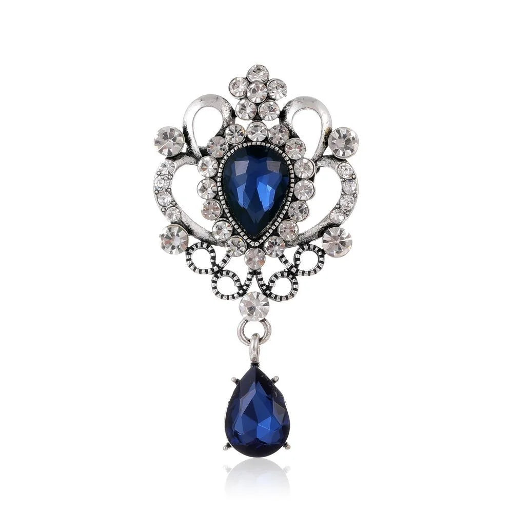 Vintage Baroque Blue Glass Teardrop Rhinestone Brooch, Luxury Palace Style Lapel Pin Suit Accessory