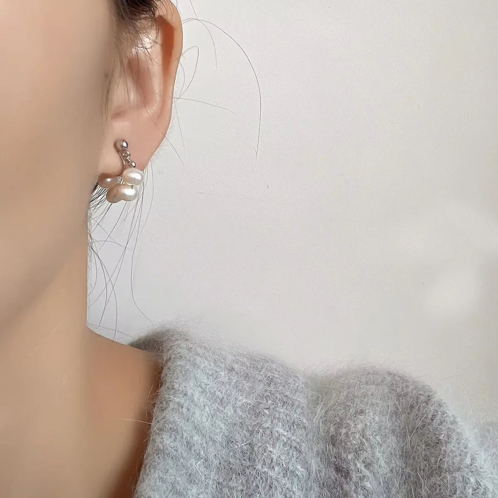 Elegant French Spiral Freshwater Pearl Hoop Stud & Clip On No Piercing Handmade Silver Tone Earrings