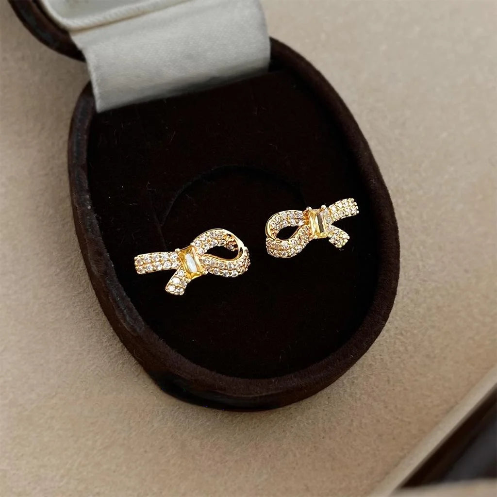14K Plated Micro Pave Zircon Bow Stud Earrings, Elegant Minimalist Fashion Jewelry