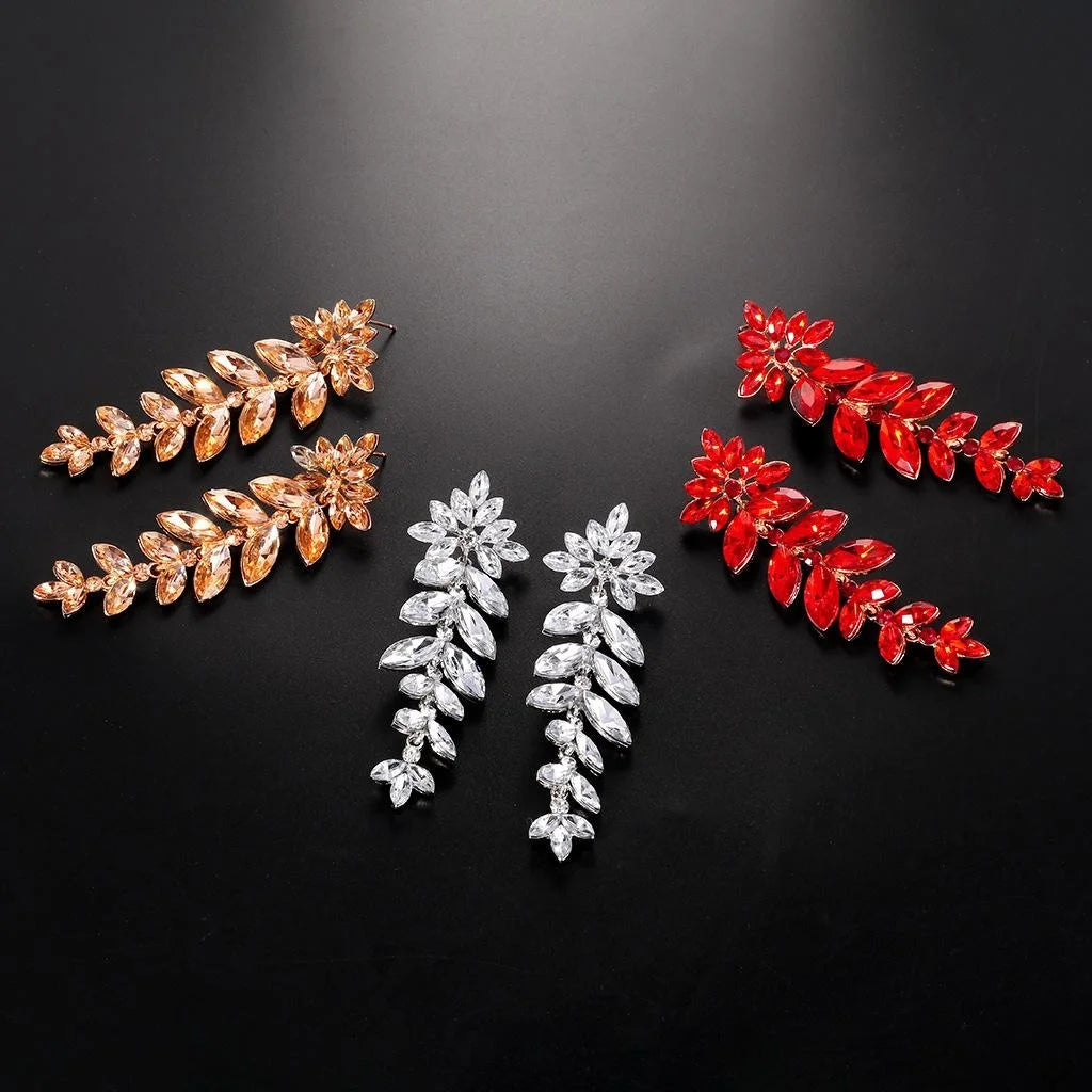 Elegant Long Tassel Crystal Leaf Flower Alloy Rhinestone Earrings For Bridal Wedding Party Banquet