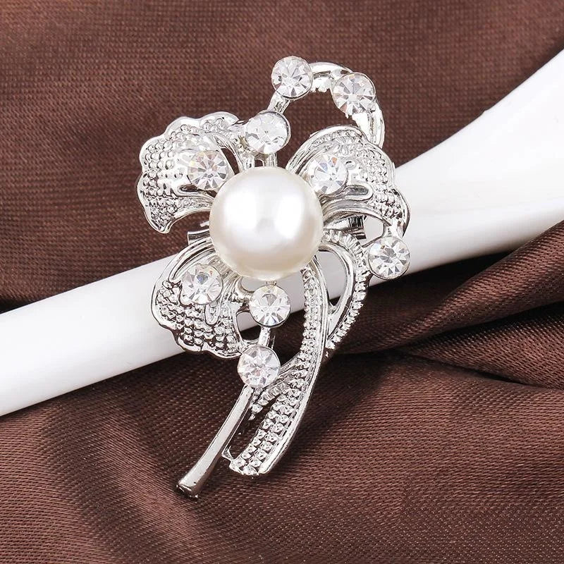 Elegant Rhinestone Flower Brooch With Faux Pearl Center, Silver Tone Corsage Lapel Pin Suit Accessory