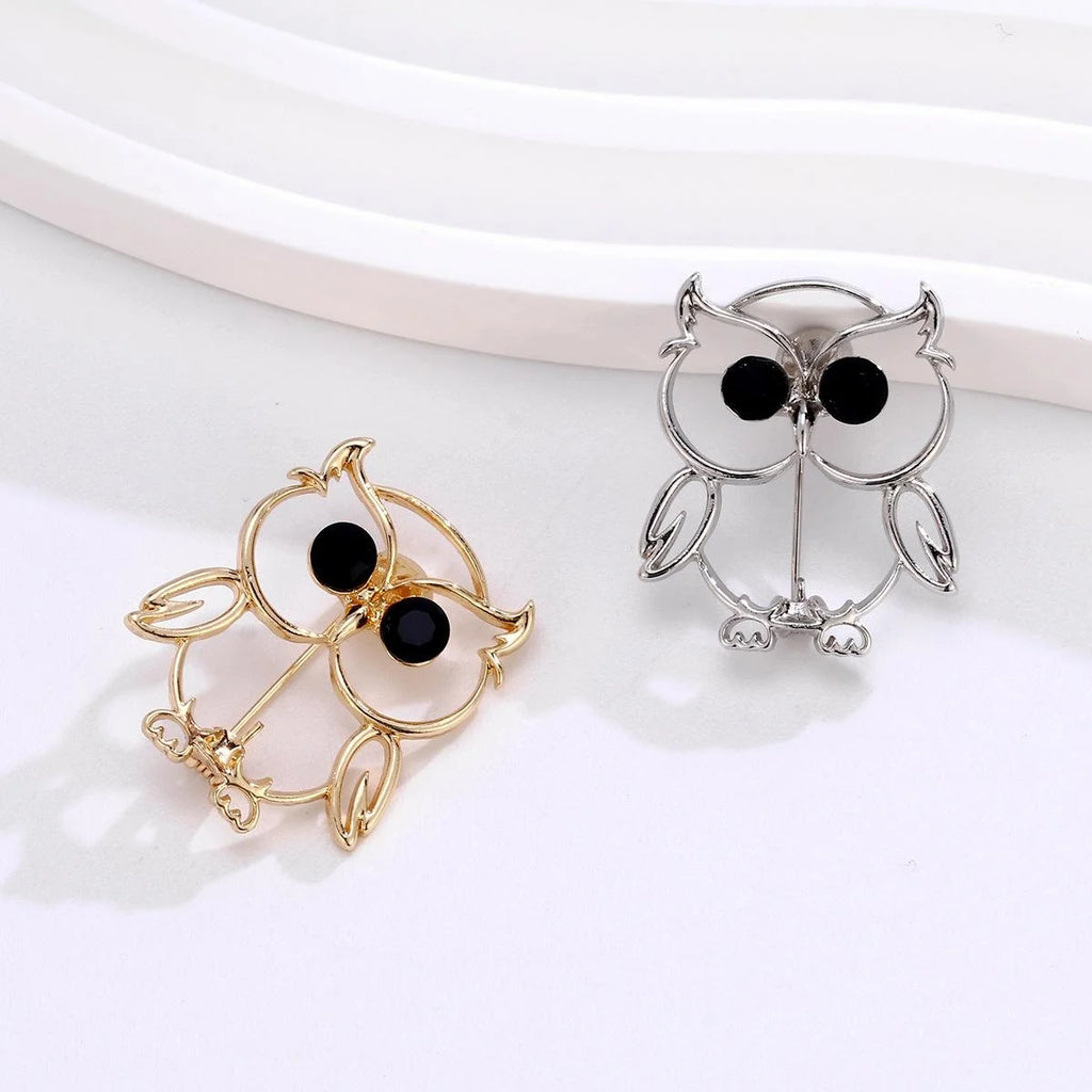 Cute Silver Alloy Owl Brooch With Black Rhinestone Eyes, Elegant Lapel Pin Corsage Suit Accessory Gift