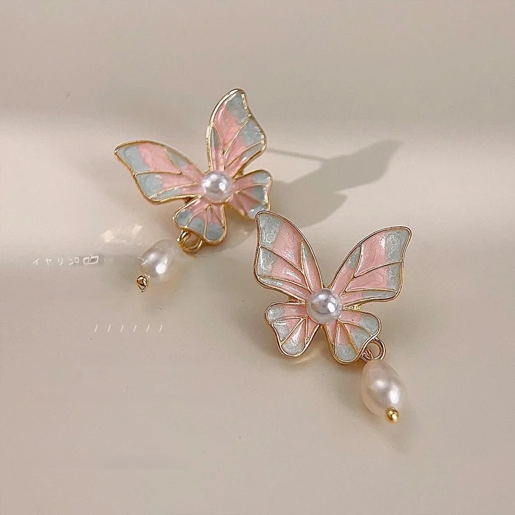 Elegant Forest Style 14K Gold Plated Butterfly Enamel Freshwater Pearl Drop Earrings