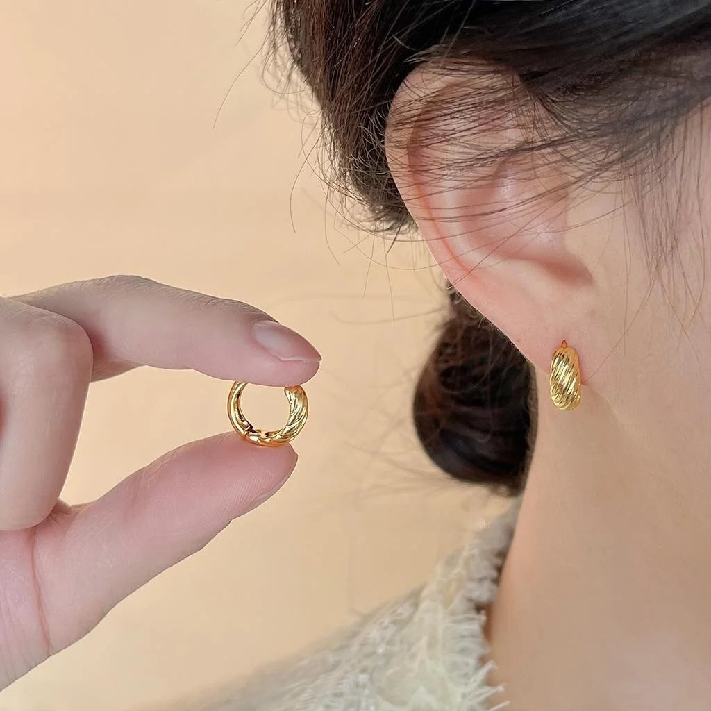 14K Gold Plated Copper Round Twisted Hoop Drop Earrings Minimalist Geometric Office Jewelry