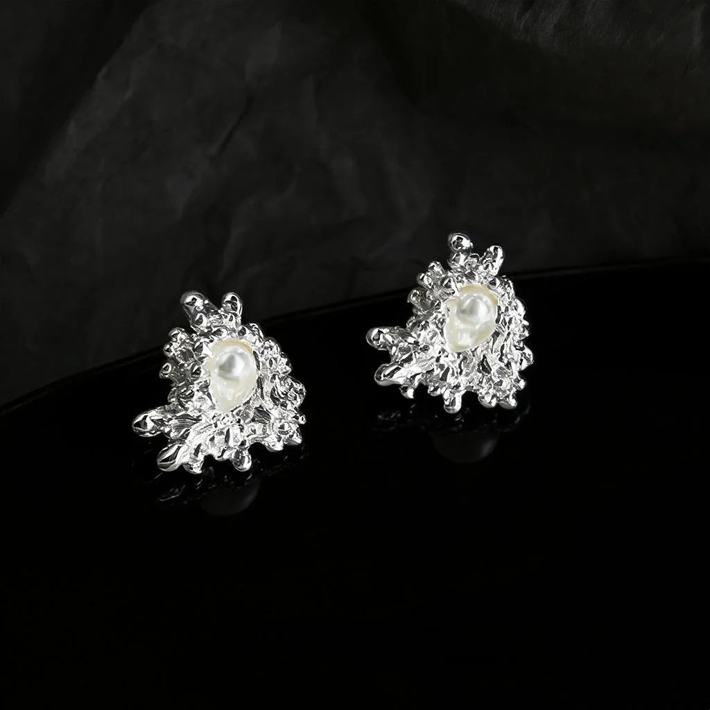 Artistic Irregular Flower High Luster Pearl Stud Earrings Copper Silver Plated Pin Elegant Jewelry