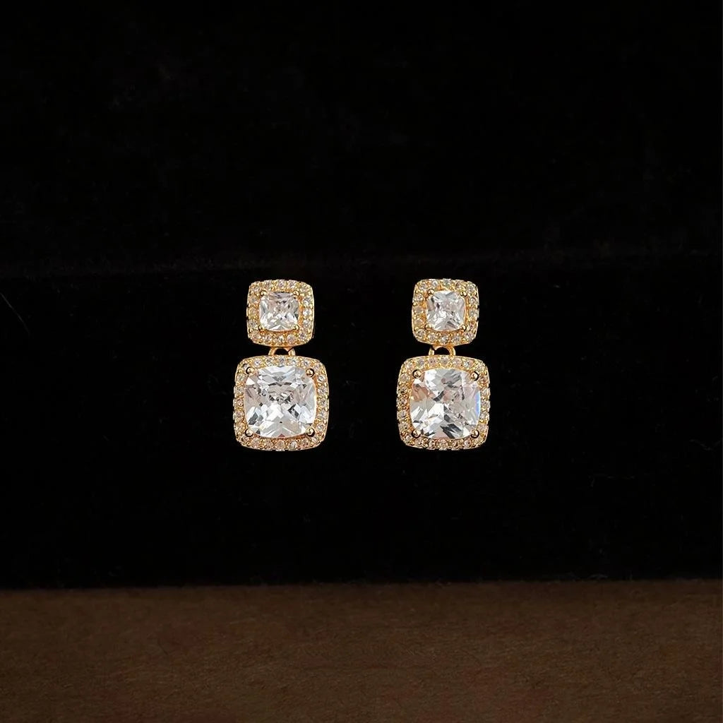 14K Plated Copper Zircon Geometric Square Stud Earrings Korean Minimalist Sparkly Jewelry