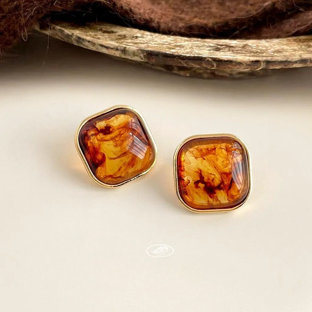 Vintage Maillard Style Amber Resin Square Stud Earrings 14K Gold Plated Copper