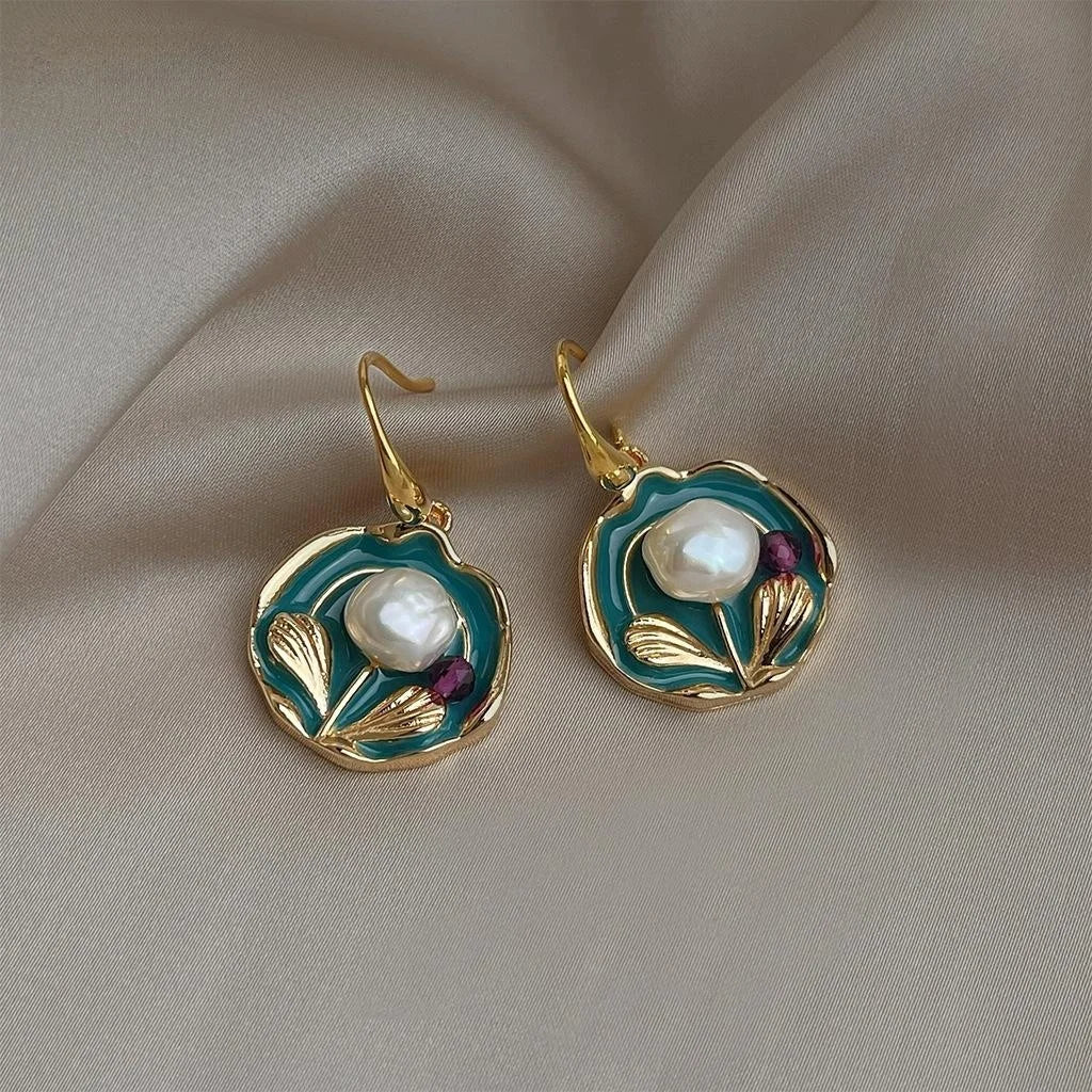 Copper Baroque Irregular Freshwater Pearl Hand Painted Floral Ethnic Vintage Drop Earrings