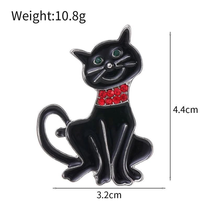 Cartoon Black Cat Enamel Alloy Brooch With Rhinestone Collar, Cute Halloween Lapel Pin Corsage Gift