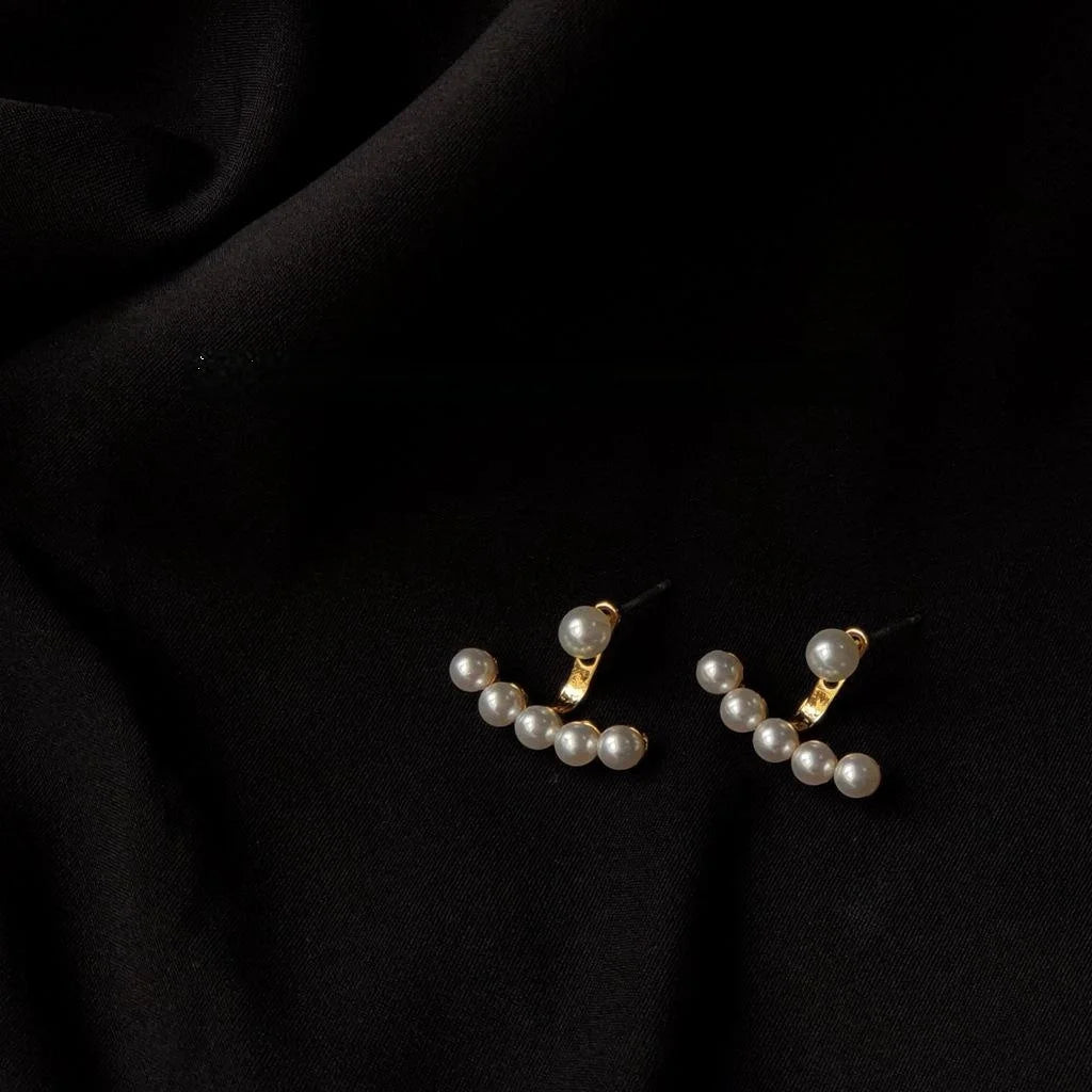 Korean Style Alloy Pearl Stud Earrings Silver Plated Pin Geometric Line Two Way Jewelry
