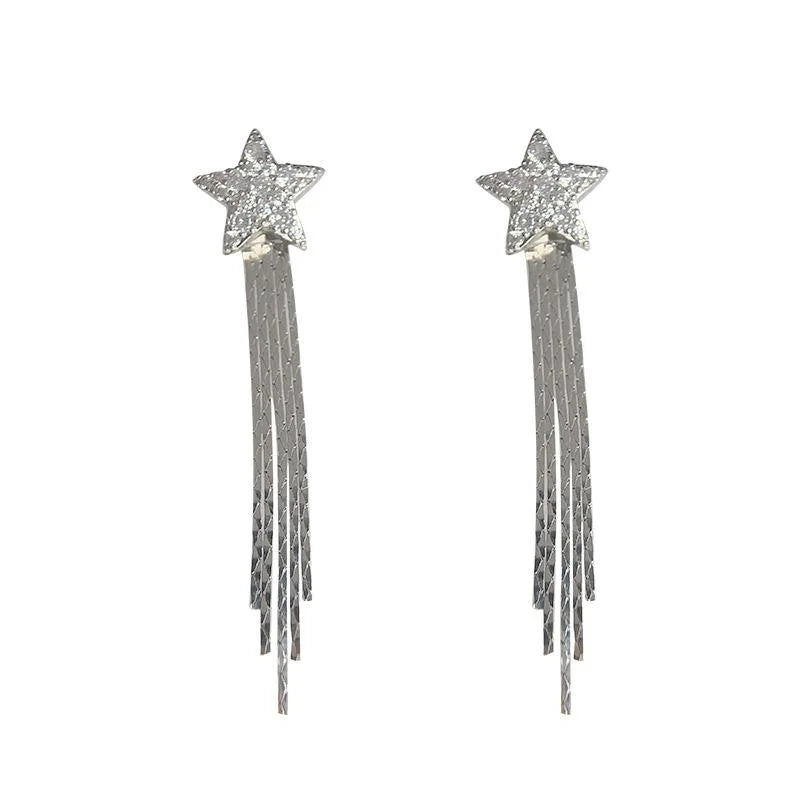 Copper Micro Pave Zircon Star Tassel Waterfall Drop Earrings Long European American Style