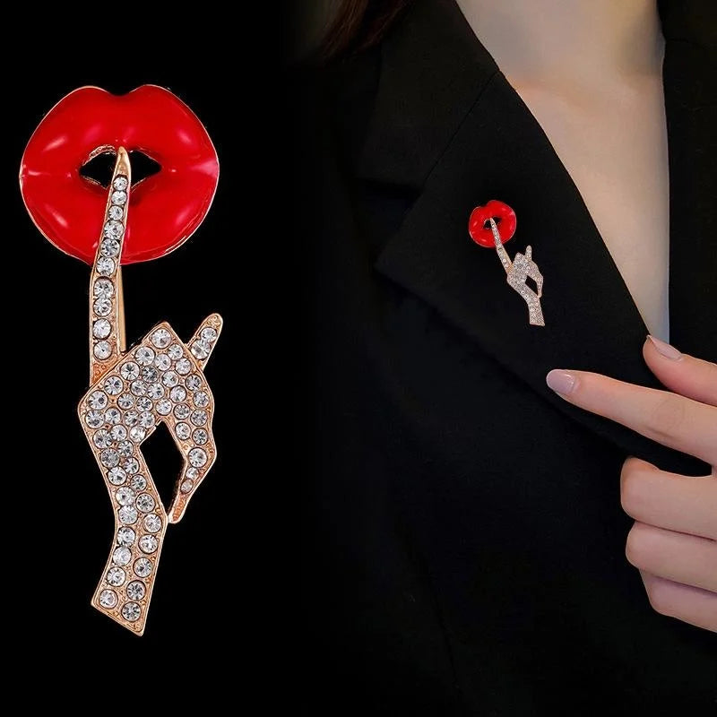 Cute Red Lips Shush Hand Brooch With Rhinestone And Enamel, Elegant Lapel Pin Suit Accessory Gift