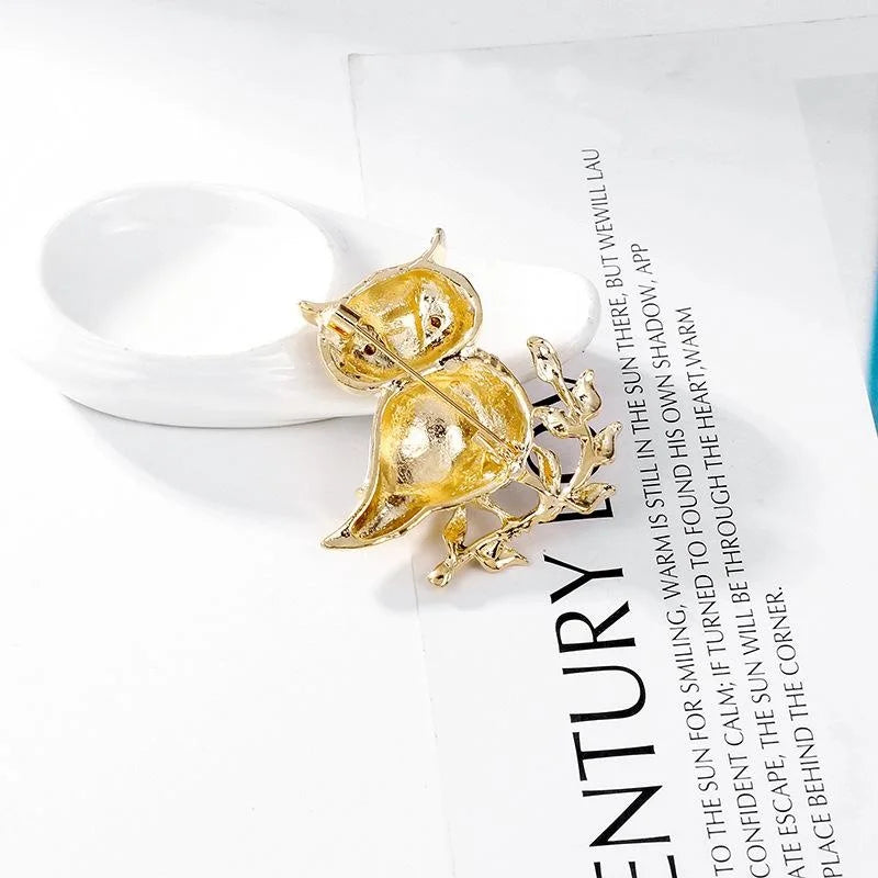 Cute Enamel Owl On Branch Brooch With Rhinestones, Gold Tone Alloy Lapel Pin Corsage Gift For Women
