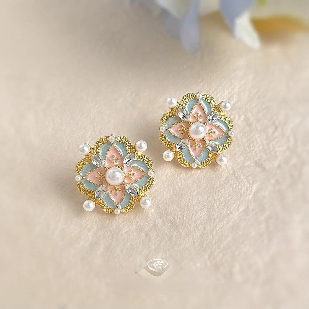 Artistic Vintage New Chinese Enamel Glazed Flower Copper Stud Earrings For Women
