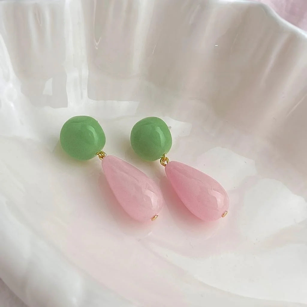 New Chinese Style Resin Teardrop Drop Earrings Pink Green Contrast Vintage Statement Jewelry