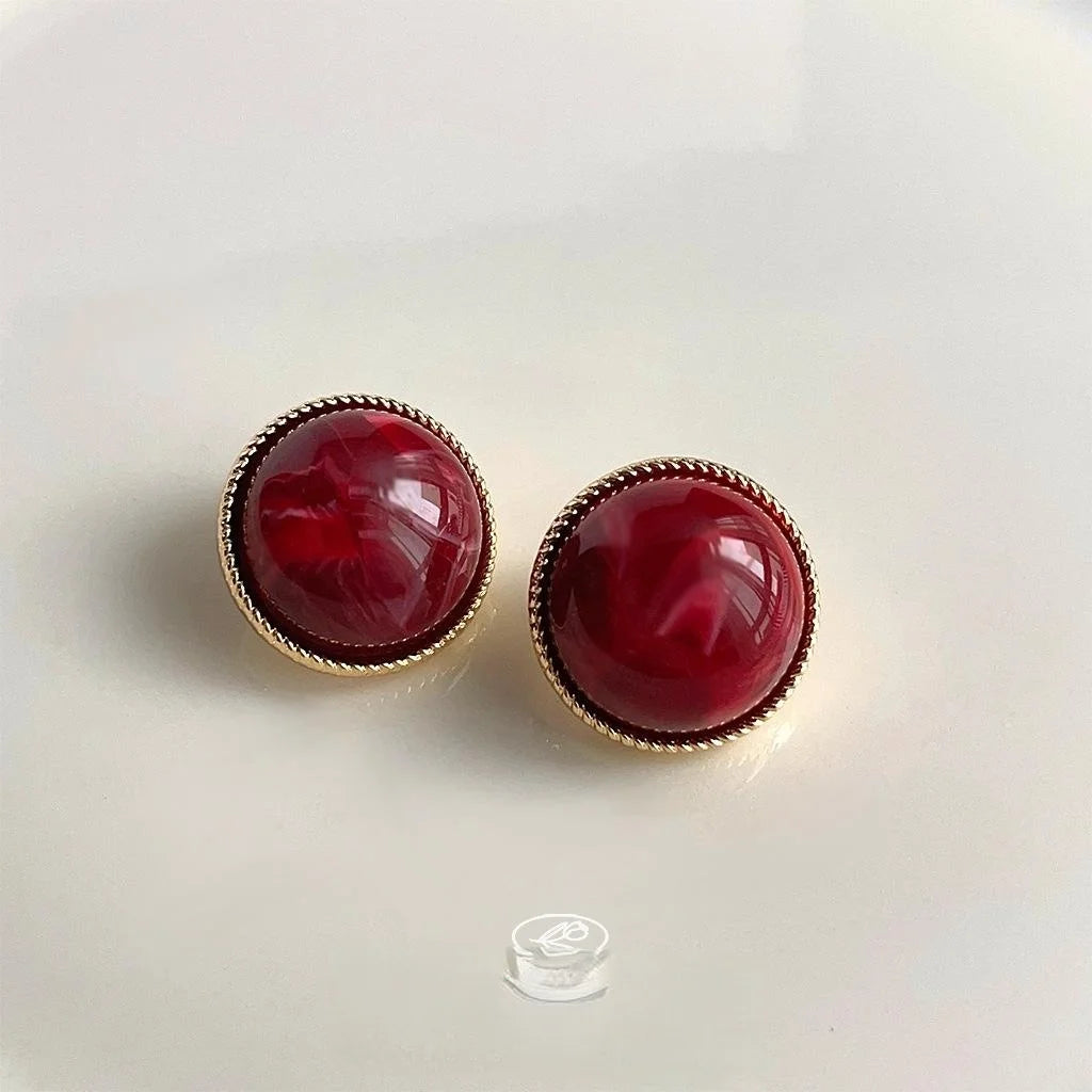 French Vintage Hong Kong Style Red Blush Resin Ball Stud Earrings With Silver Plated Pins