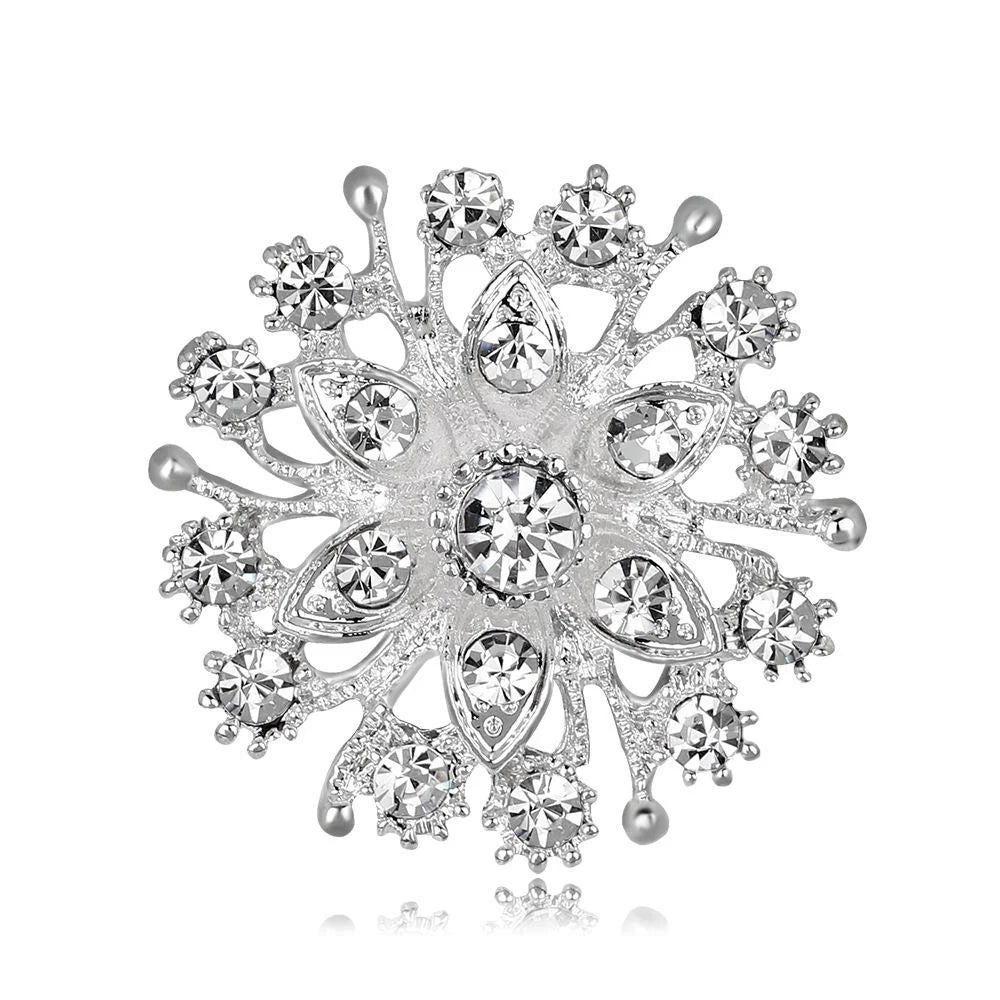 Elegant Silver Rhinestone Crystal Flower Brooch, Small Alloy Lapel Pin Corsage For Women Suit Accessory