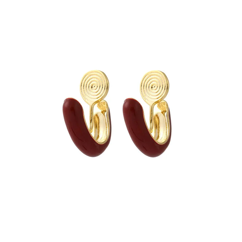 Elegant Red Enamel U Shape Spiral Disc Alloy Stud & Clip On No Piercing Commuter Earrings
