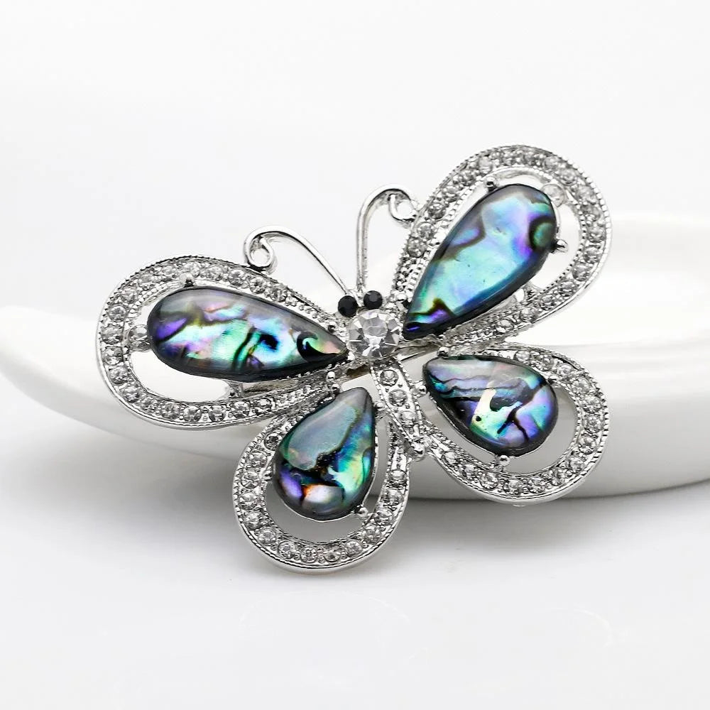 Elegant Butterfly Mother Of Pearl Rhinestone Brooch, Luxury Abalone Shell Lapel Pin Corsage Suit Accessory