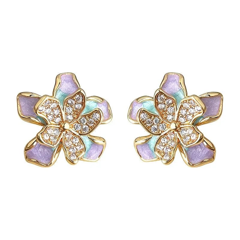Sweet Floral Zircon Enamel Copper Stud Earrings, Designer Summer Flower Petal Jewelry