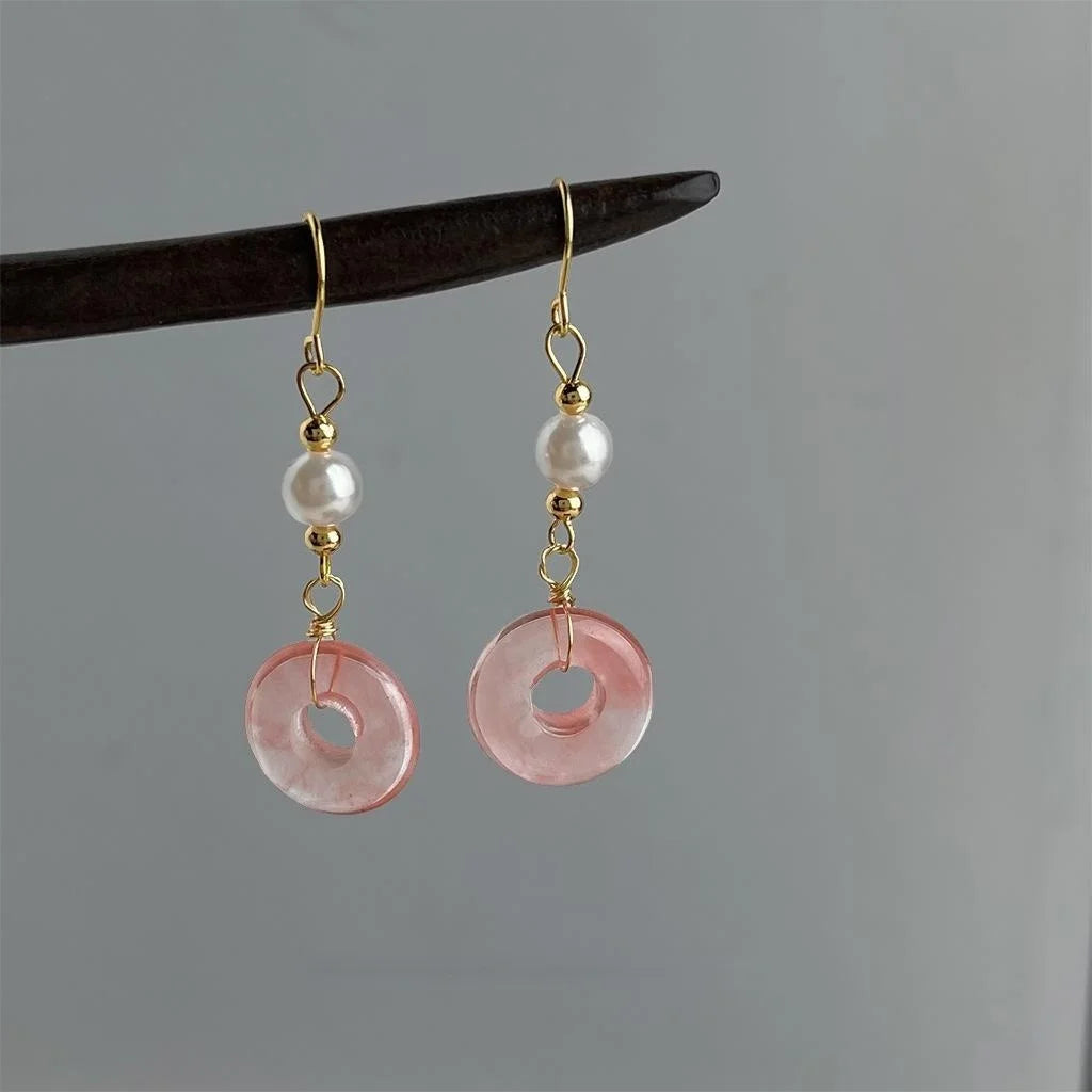 New Chinese Red Natural Stone Copper Geometric Peace Buckle Tassel Drop Earrings