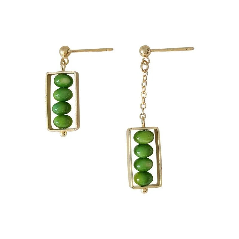 Fresh Green Cat Eye Geometric Line Stud Earrings 14K Plated Copper Asymmetric Summer Jewelry