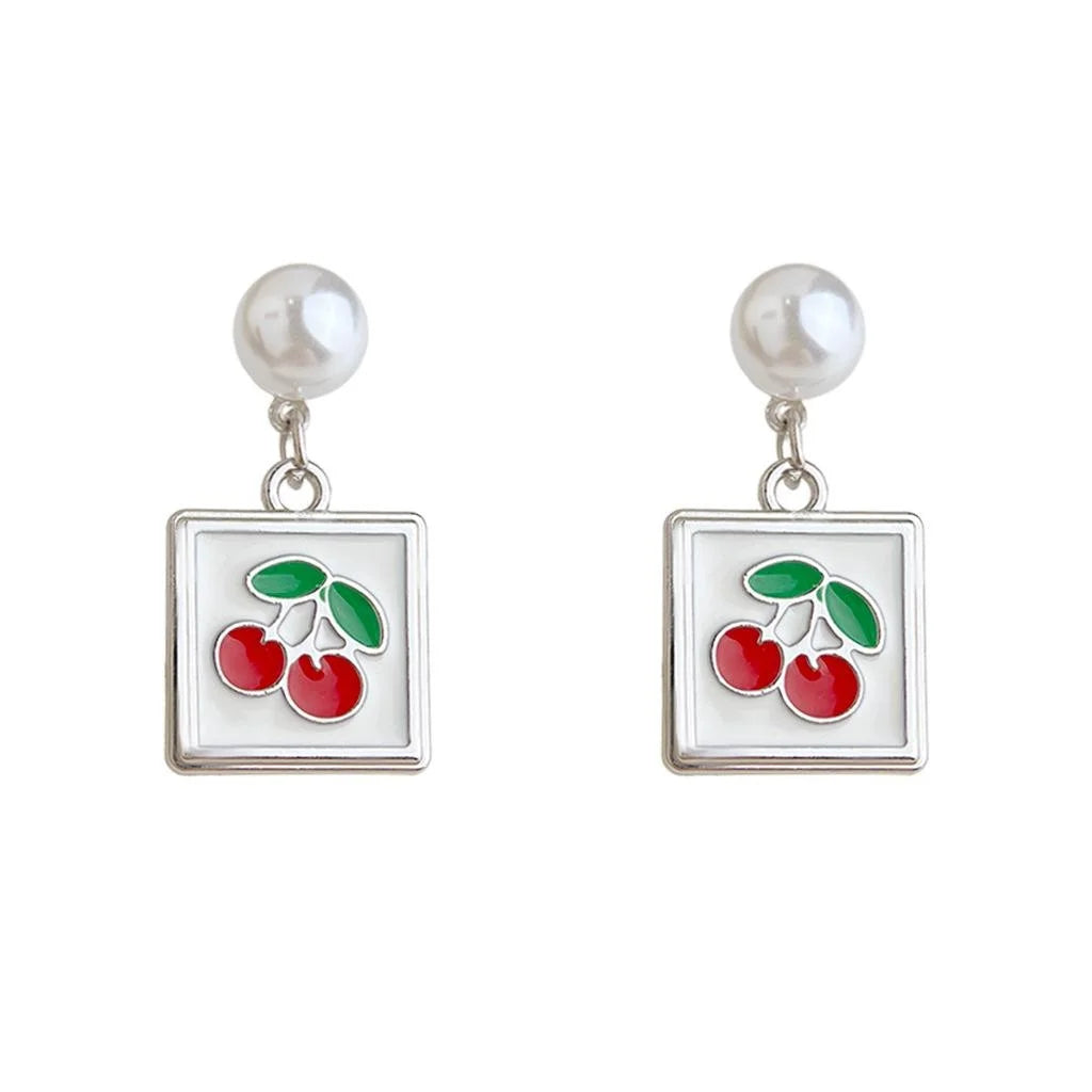 Cute Cherry Enamel Copper Drop Earrings Fresh Sweet Fruit Jewelry For Women