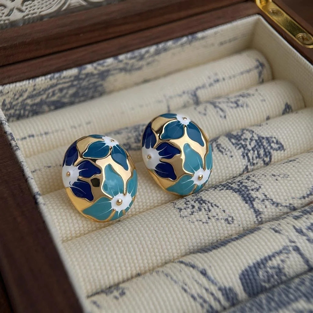 Elegant Summer Gradient Blue Floral Enamel Copper Stud Earrings