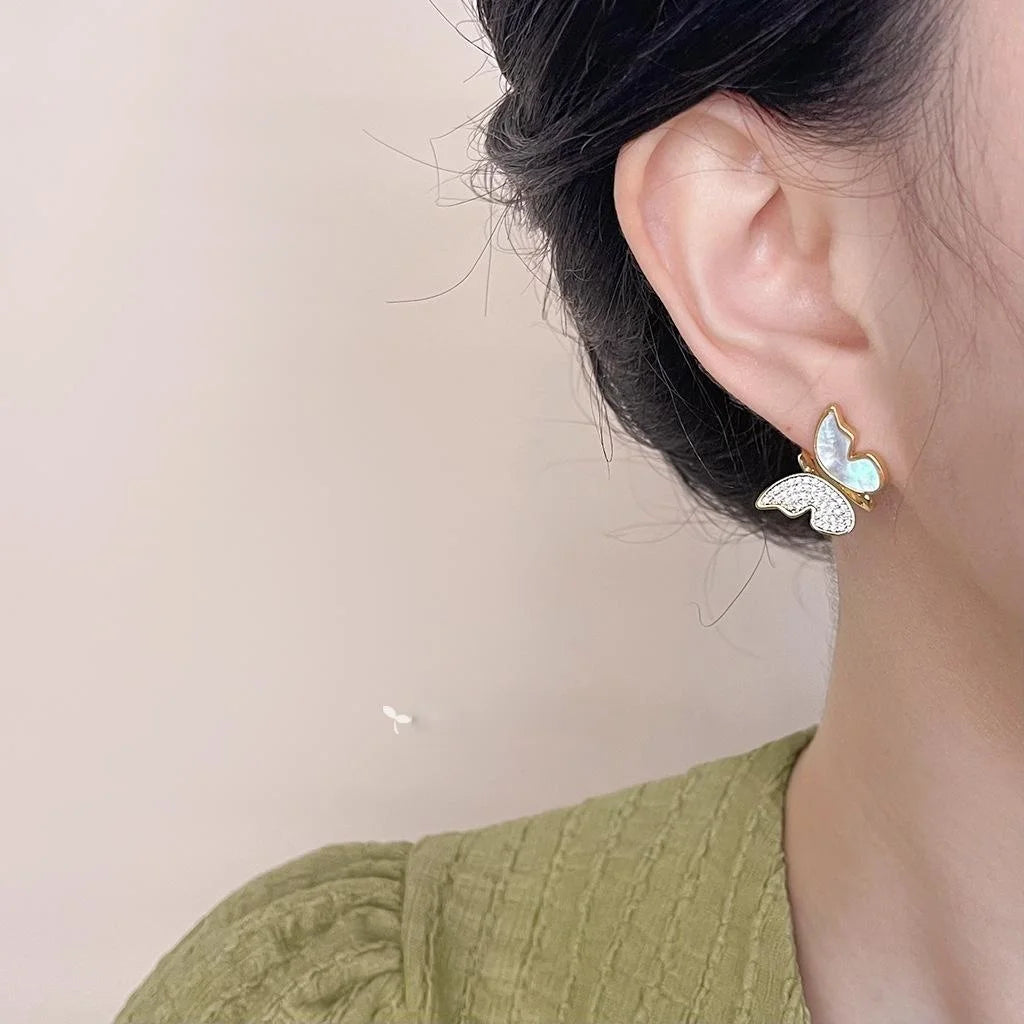 14K Gold Plated Copper Real Shell Butterfly Stud Earrings With Micro Pave Zircon Sweet Elegant Jewelry