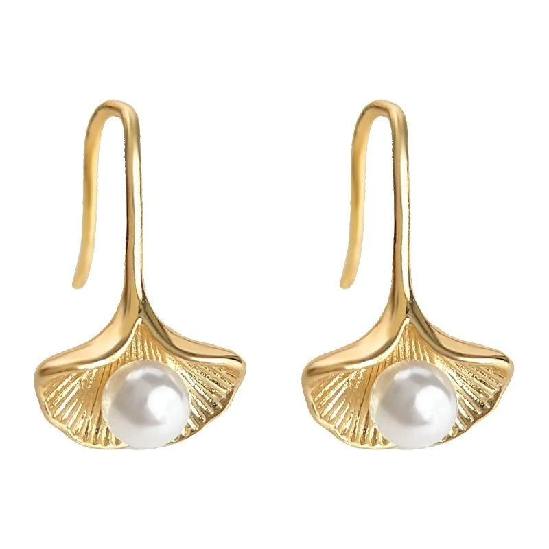 Elegant 14K Plated Copper Ginkgo Leaf Pearl Drop Earrings For Women