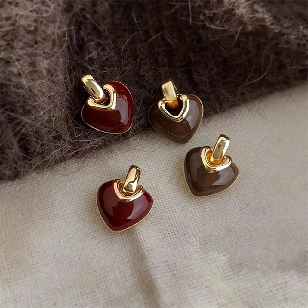 Vintage Hong Kong Style Copper Drip Enamel Heart Geometric Stud Earrings