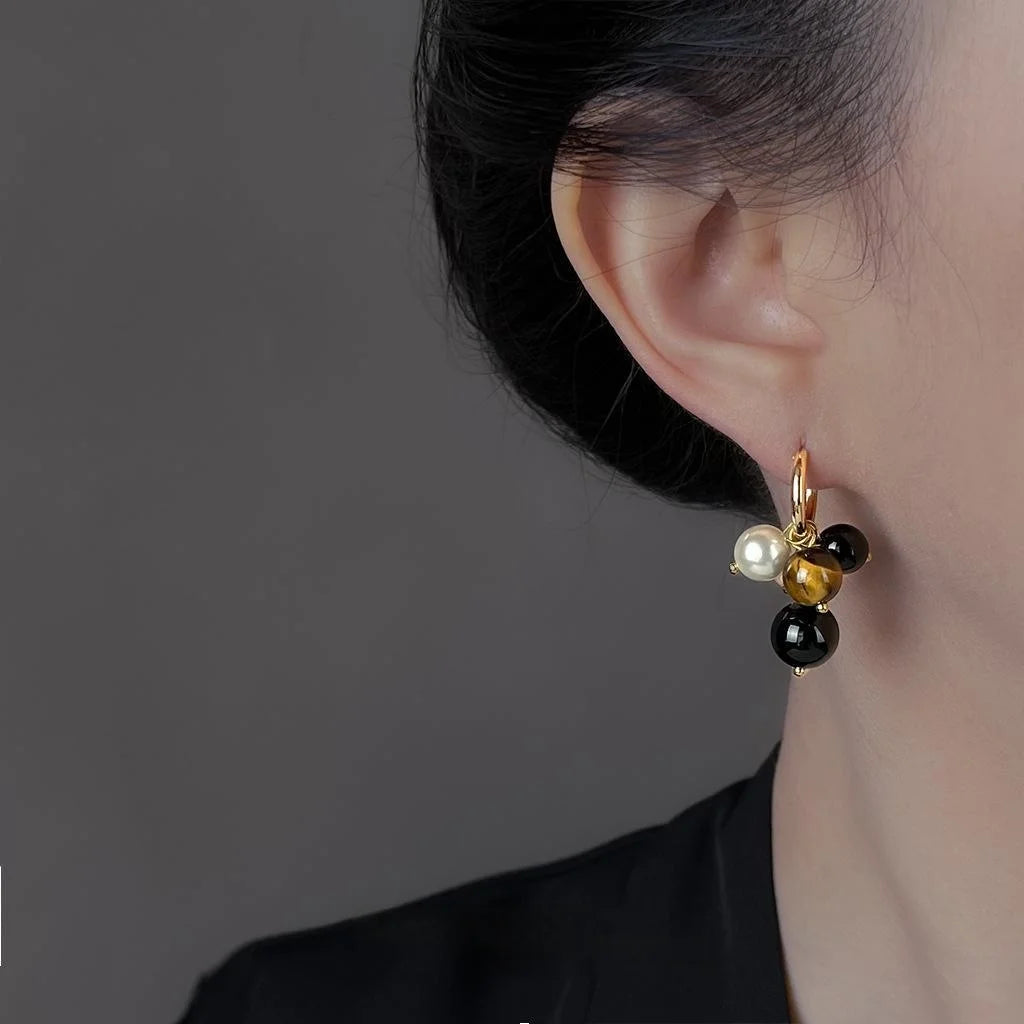 Maillard Style Tiger Eye Stone Glass Pearl Geometric Round Copper Drop Earrings