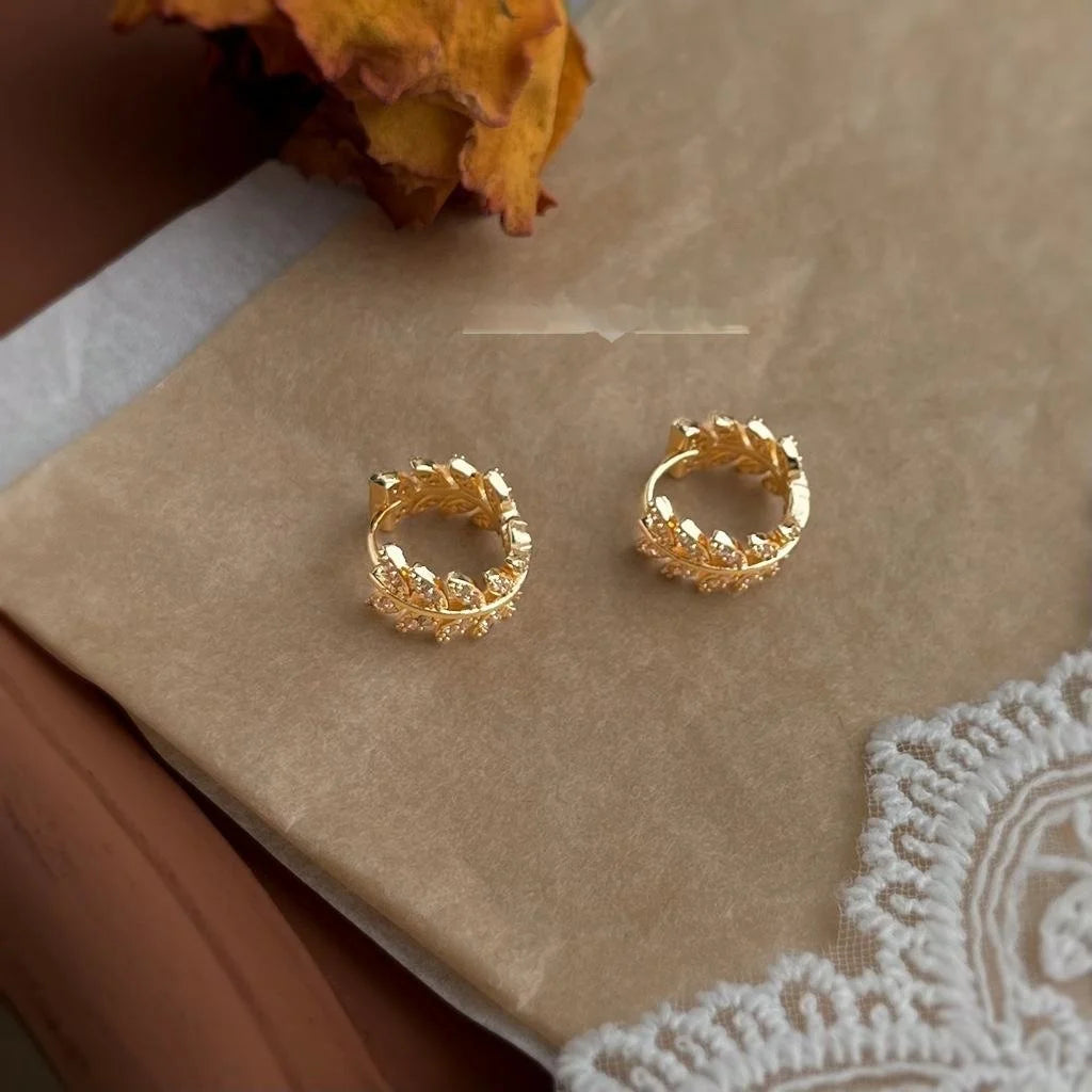 14K Gold Plated Copper Leaf Drop Earrings Micro Pave Zircon Luxury Style