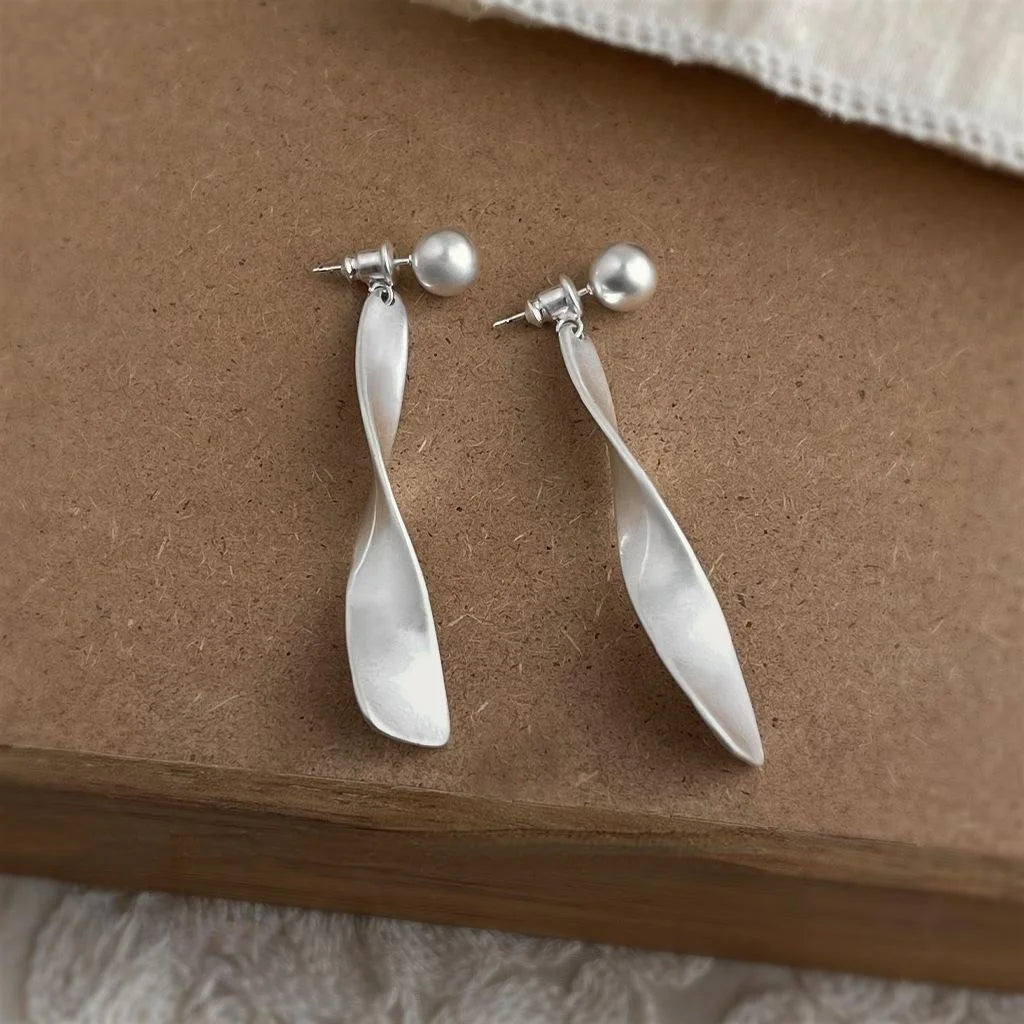 Matte Silver Plated Copper Geometric Drop Earrings, Two Way Curved Long Old Money Style