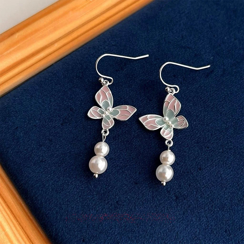 Fresh Sweet Long Pink Butterfly Tassel Drop Earrings Copper New Chinese Style Handmade Jewelry
