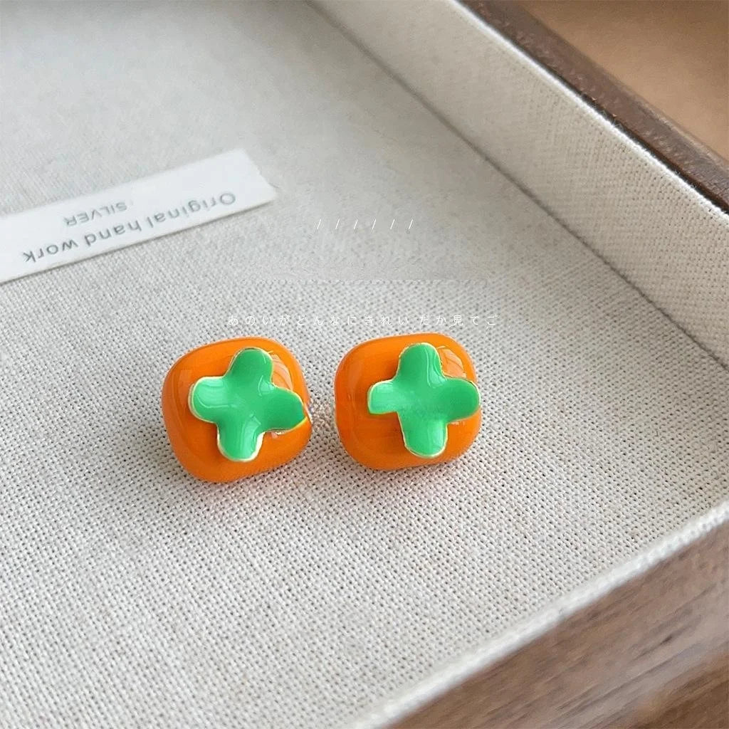 Sweet Persimmon Fruit Stud Earrings Copper Cute Little Lantern Design For Students