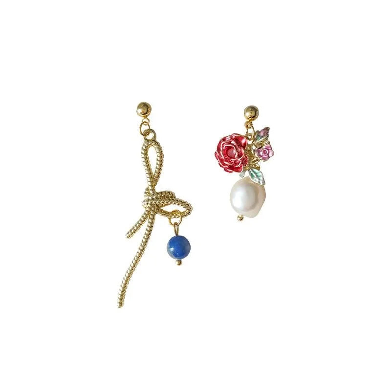 French Vintage 14K Plated Copper Enamel Flower Geometric Stud Earrings With Silver Plated Pins