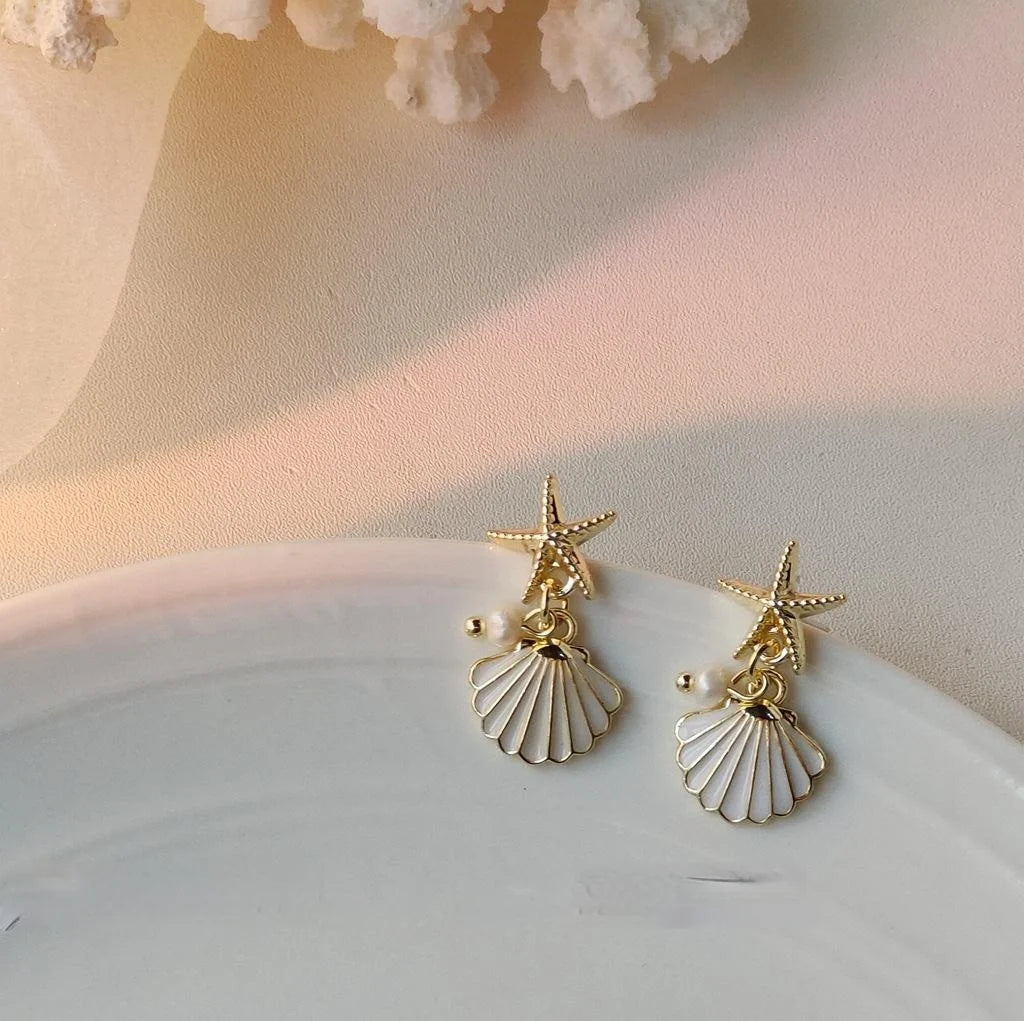 14K Plated Alloy Starfish Stud Earrings With Pearl Shell Korean Fresh Style Jewelry