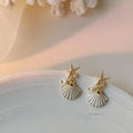 14K Plated Alloy Starfish Stud Earrings With Pearl Shell Korean Fresh Style Jewelry