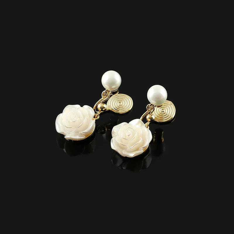 Sweet Elegant Camellia Flower Pearl Drop Alloy Stud & Clip On No Piercing Long Dangle Earrings