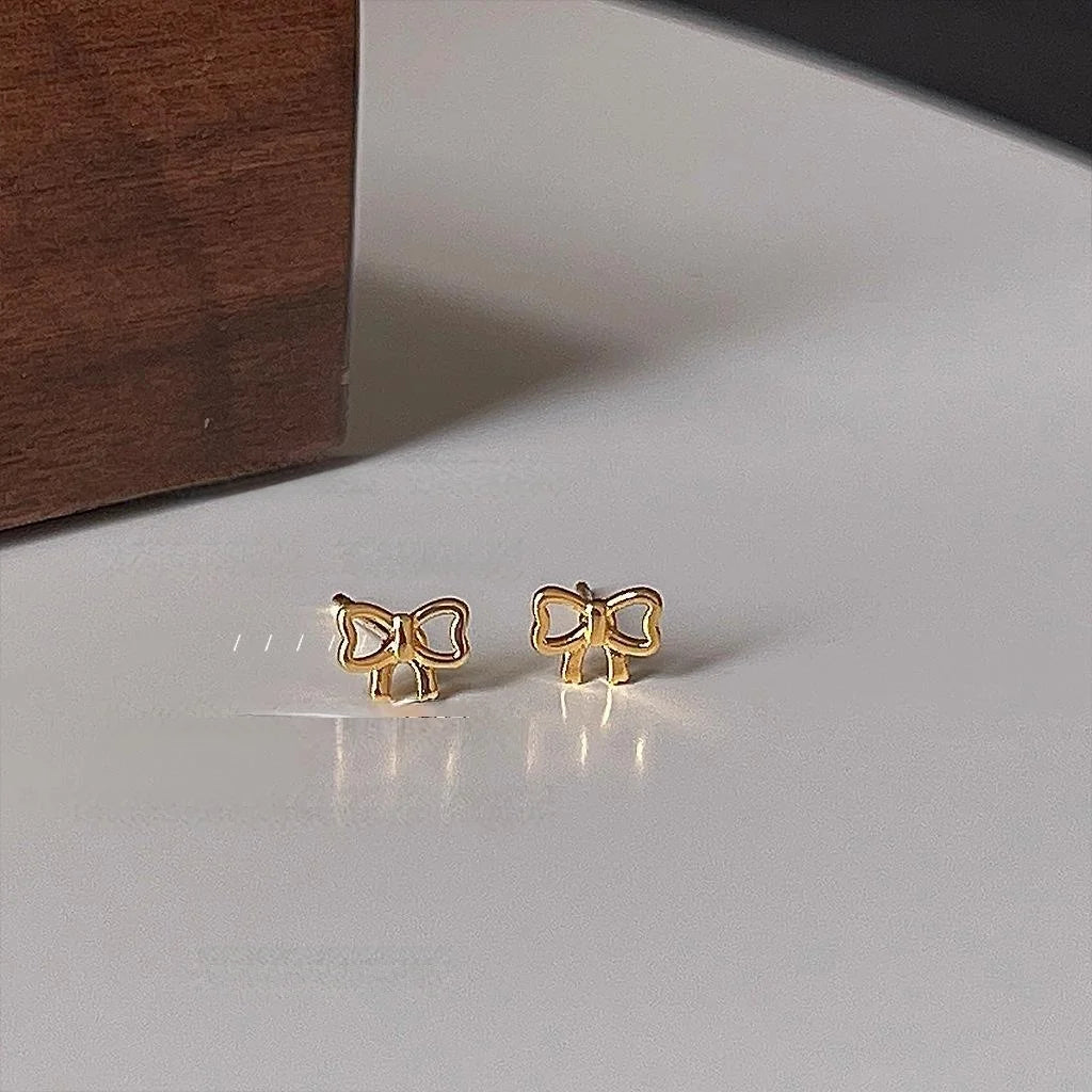 Mini 14K Plated Copper Bow Stud Earrings With Silver Plated Pins, Cute Simple Jewelry For Women