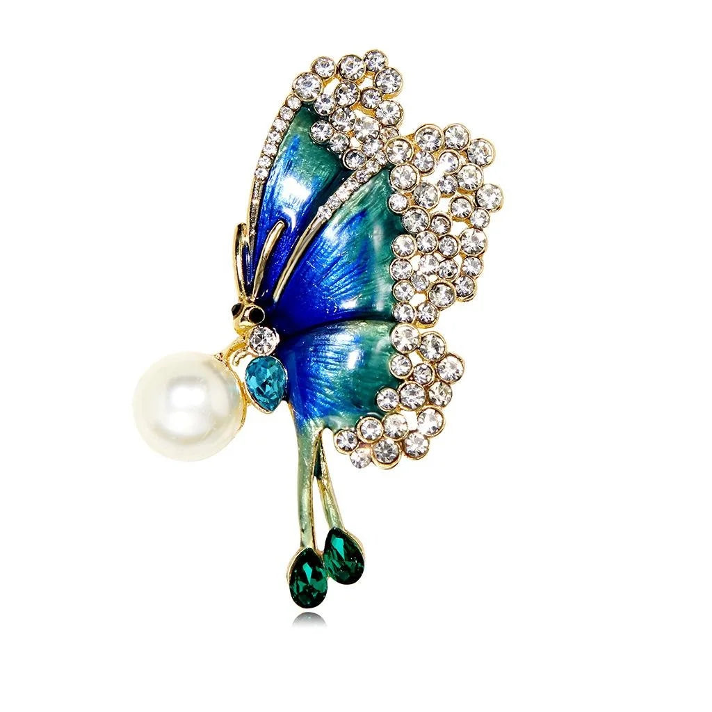 Elegant Blue Enamel Butterfly Brooch With Rhinestone Wings And Pearl Drop Lapel Pin Suit Accessory Gift