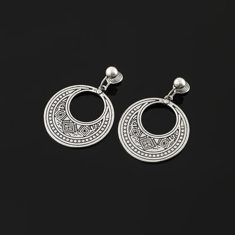 Vintage Ethnic Silver Alloy Hollow Crescent Hoop Drop Stud & Clip On No Piercing Statement Earrings