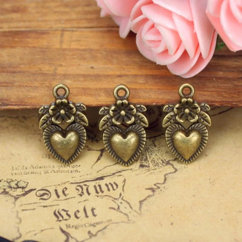 18x11MM Antique Silver Zinc Alloy Flower Heart Charm Pendant for DIY Necklace Bracelet Jewelry Making