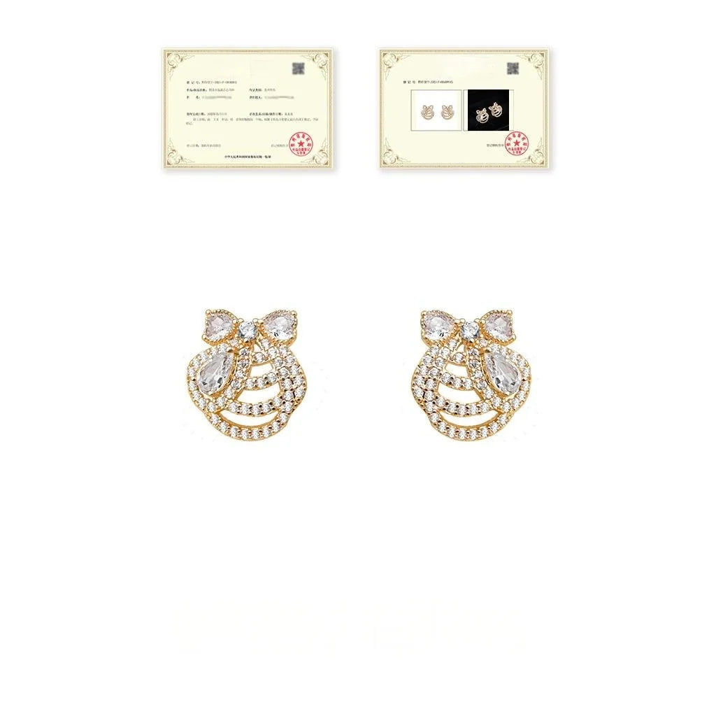 Sweet Ocean Style 14K Plated Copper Bow Shell Micro Pave Zircon Stud Earrings