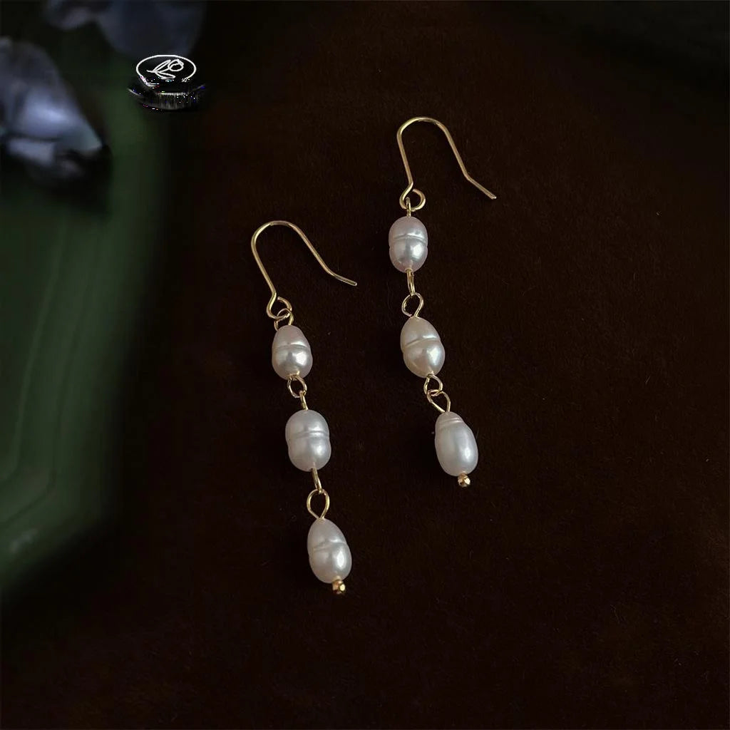 Natural Freshwater Pearl Long Tassel Drop Earrings Handmade Geometric Oval Light Luxury Jewelry