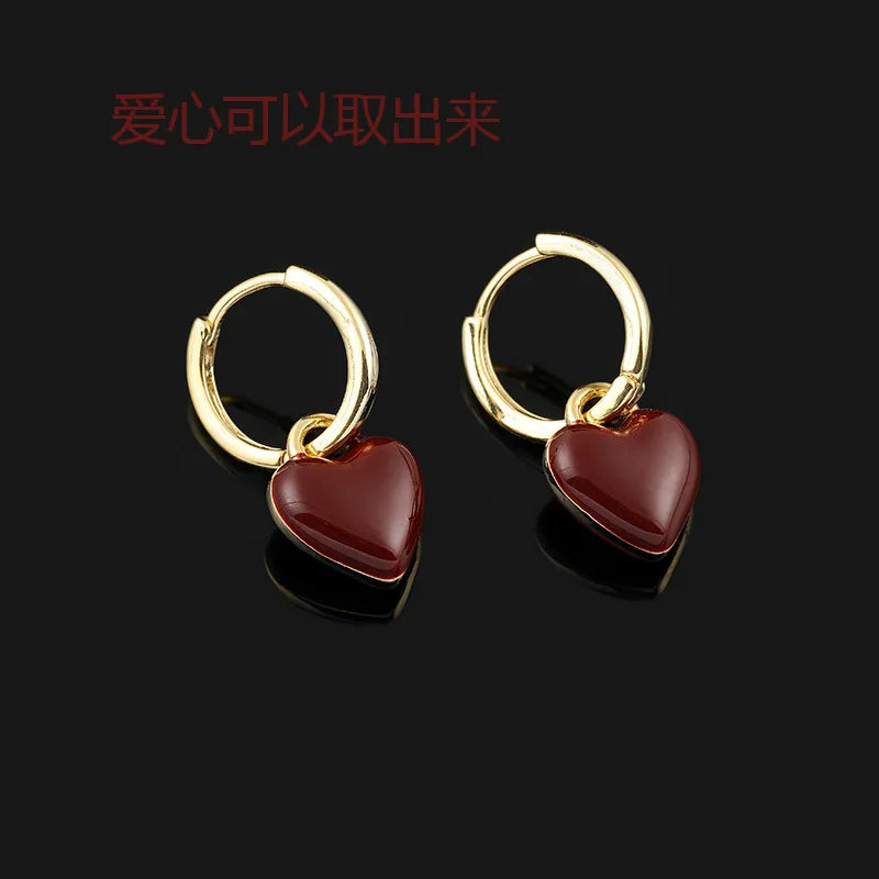Vintage Red Enamel Heart Gold Alloy Hoop Stud & Clip On No Piercing Hong Kong Style Earrings